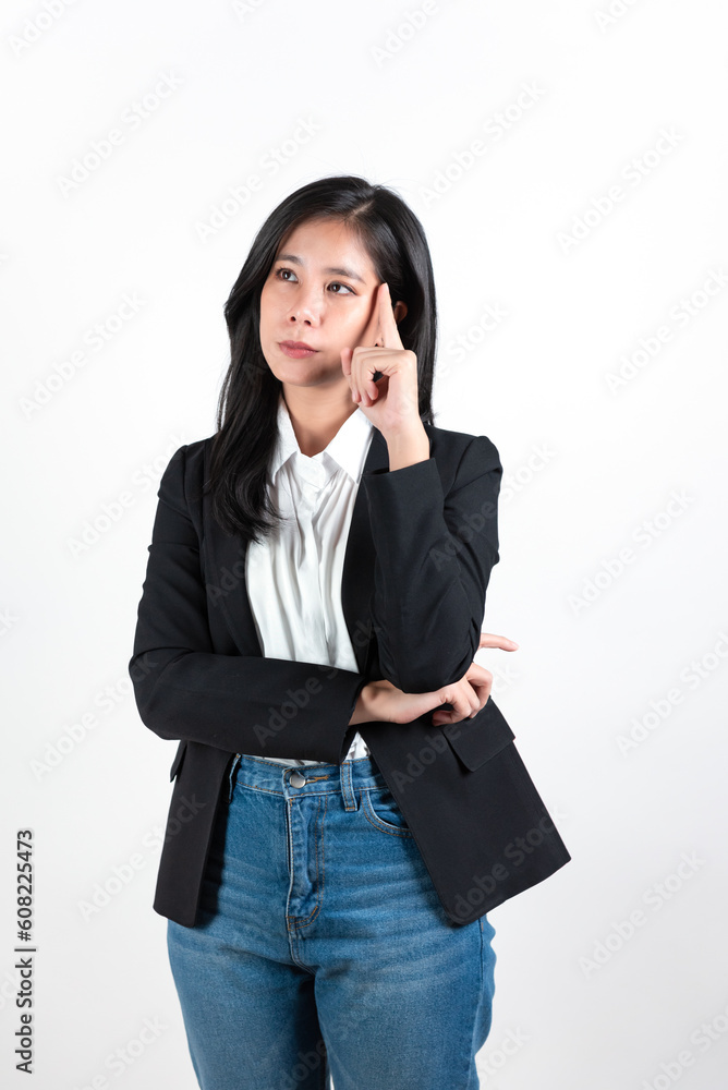 Beautiful asian business woman thinking while standing gainst white background. Portrait smart female businesspeople. Beautiful asian business woman thinking while standing gainst white background. Portrait smart female businesspeople.