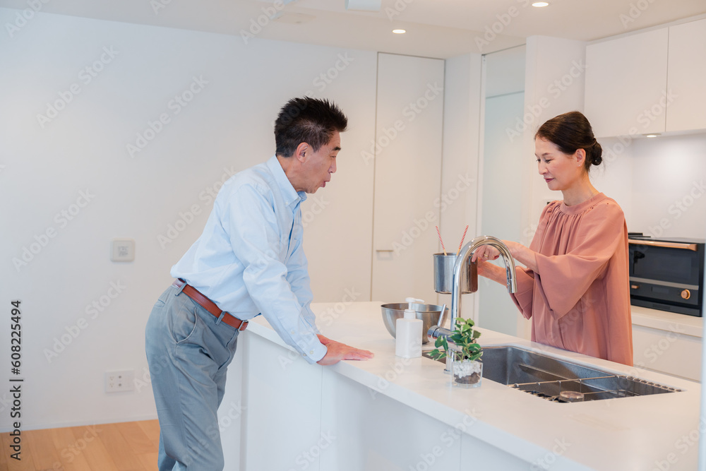 Fototapeta premium キッチンで一緒にクッキングを楽しむシニアの夫婦