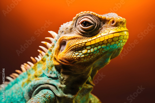 Funny iguana in studio  colorful background. Generative AI