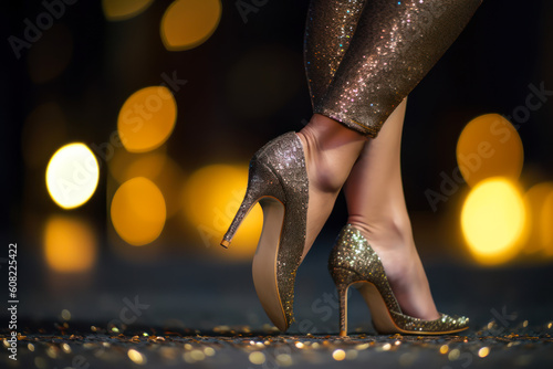 beautiful female legs in evening shoes with bokeh lights in the background generative ai photo