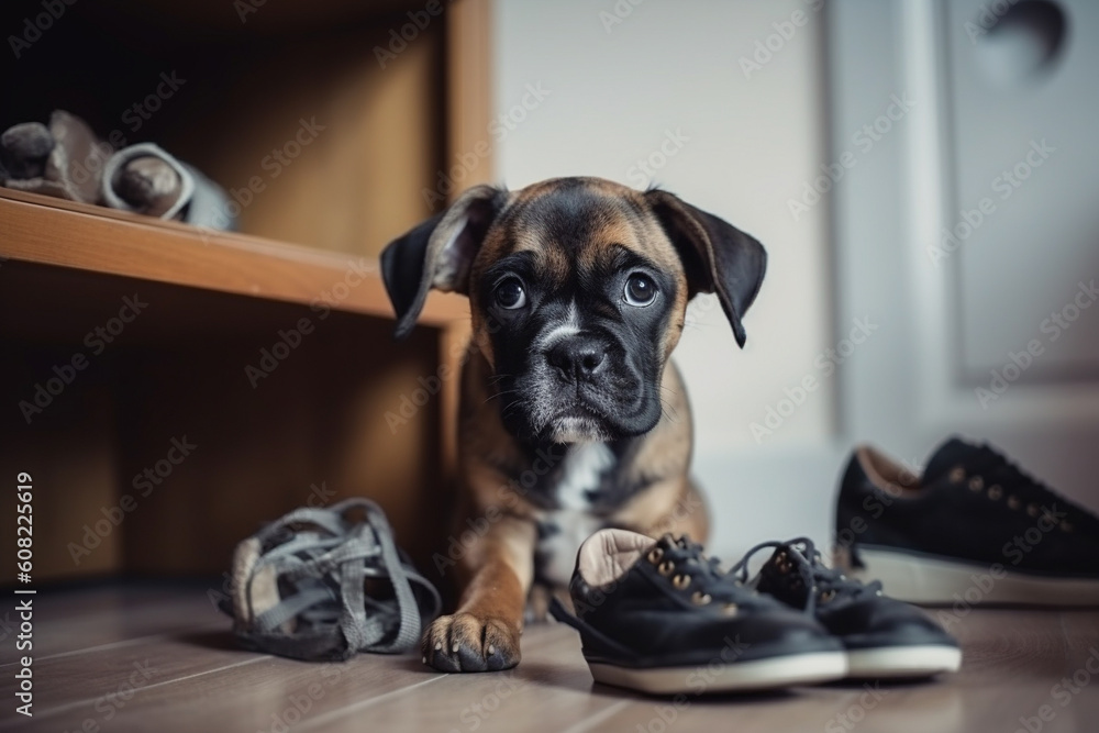 Bored puppy chewing shoes while home alone. Generative Ai