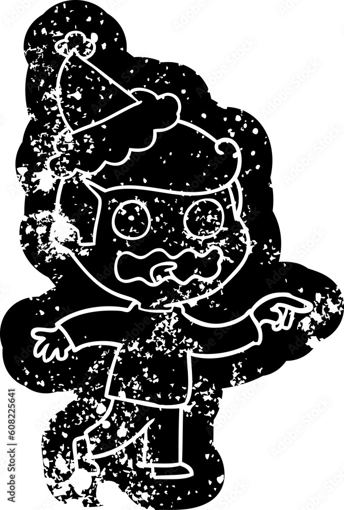 Fototapeta premium quirky cartoon distressed icon of a stressed out pointing wearing santa hat