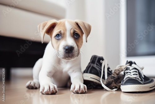 Bored puppy chewing shoes while home alone. Generative Ai