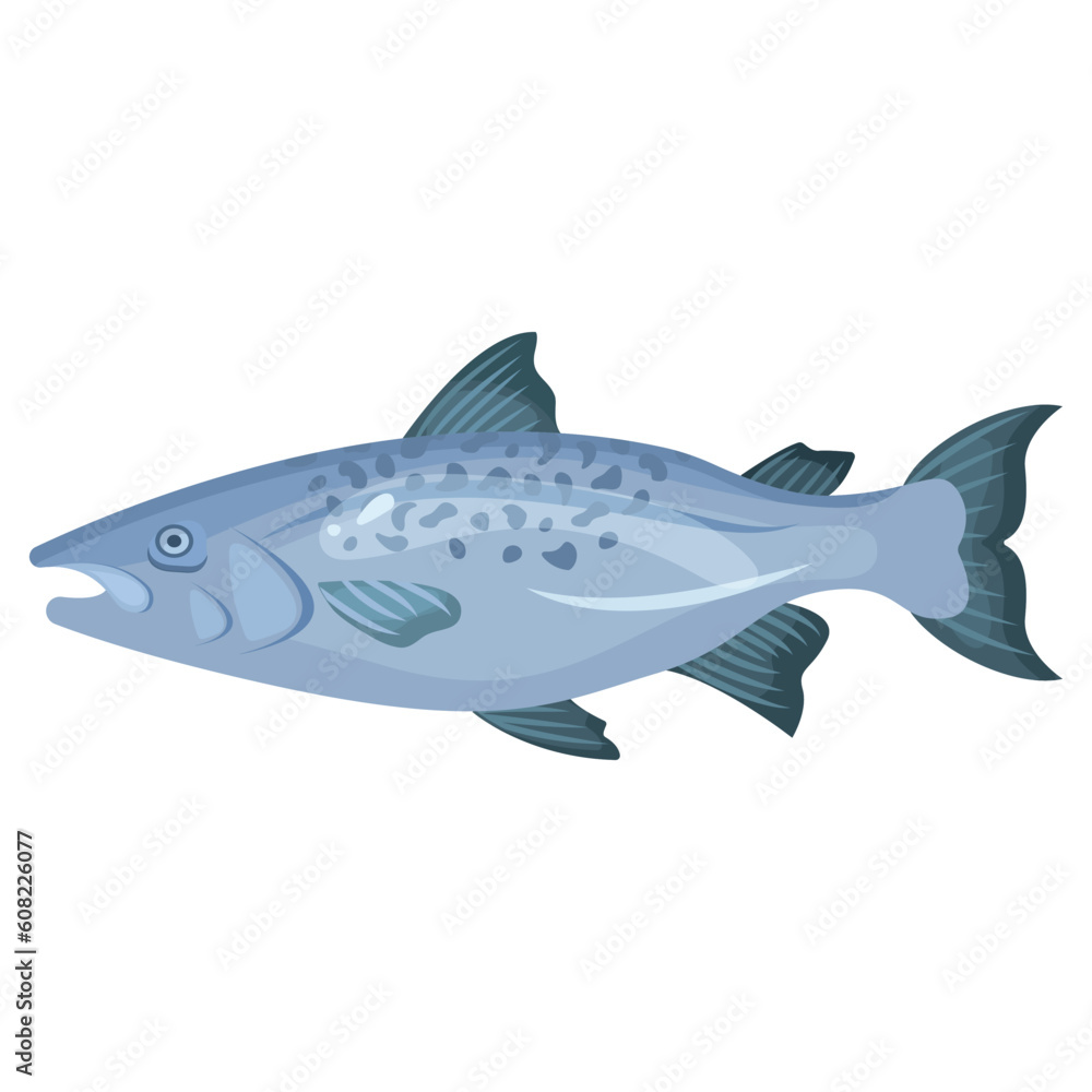 Naklejka premium Vector cartoon image of a fish. The concept of restaurant dishes and seafood. A juicy and bright element for your design.