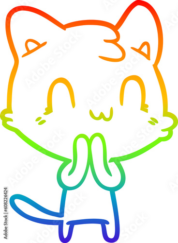 rainbow gradient line drawing of a cartoon happy cat
