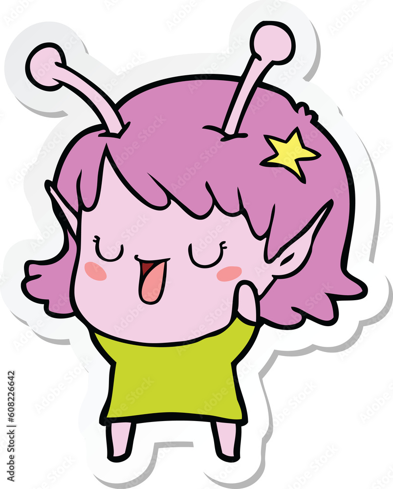 sticker of a happy alien girl cartoon laughing