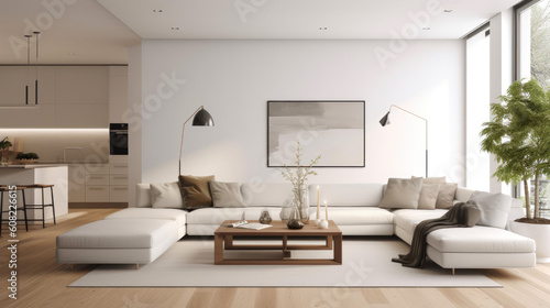 Spacious living area with clean lines, a neutral color palette, and uncluttered surfaces. Generative AI © piai