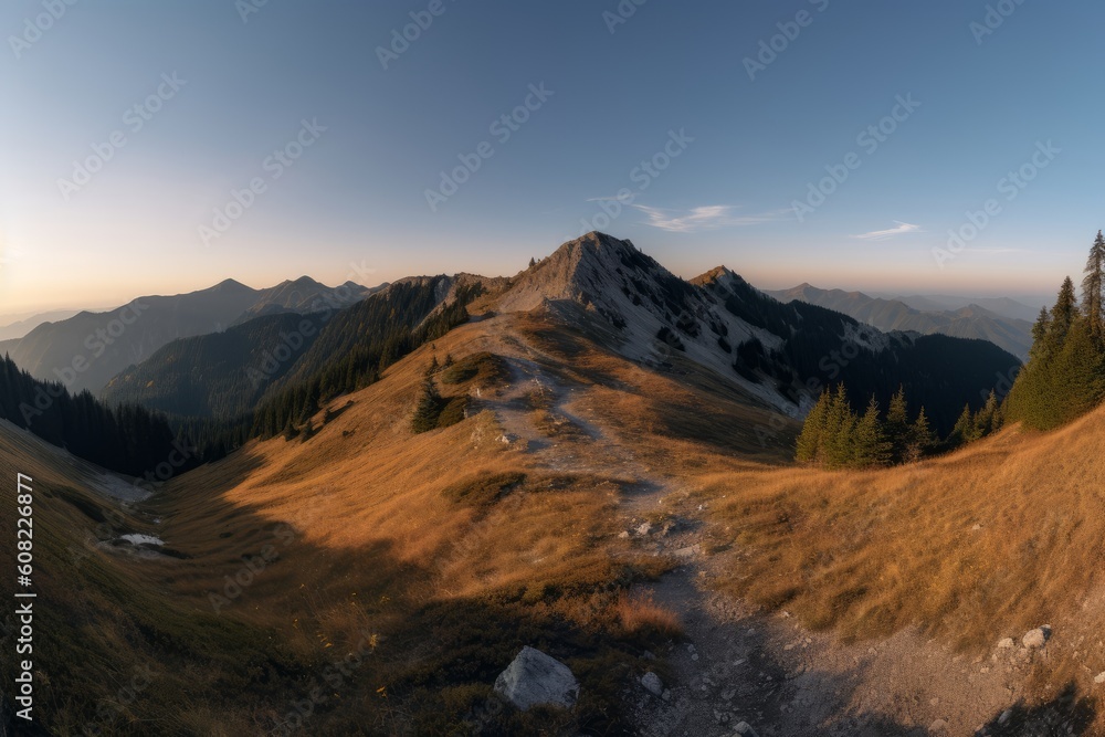 Alpine landscape panorama in the evening, Generative ai