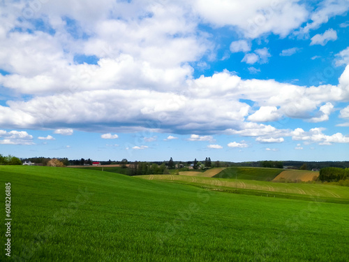 Green fields and hills in Wiezyca  Kashubian Region  Poland.