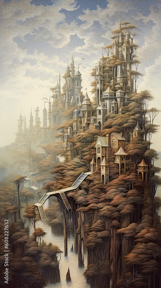 Fantasy forest landscape with architecture and lake