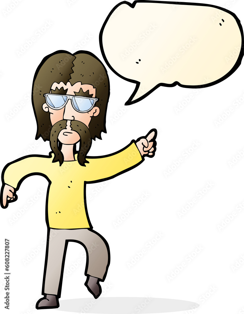 cartoon hippie man wearing glasses with speech bubble