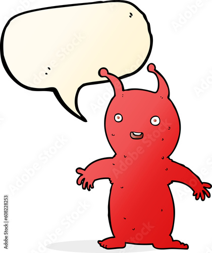 cartoon happy little alien with speech bubble