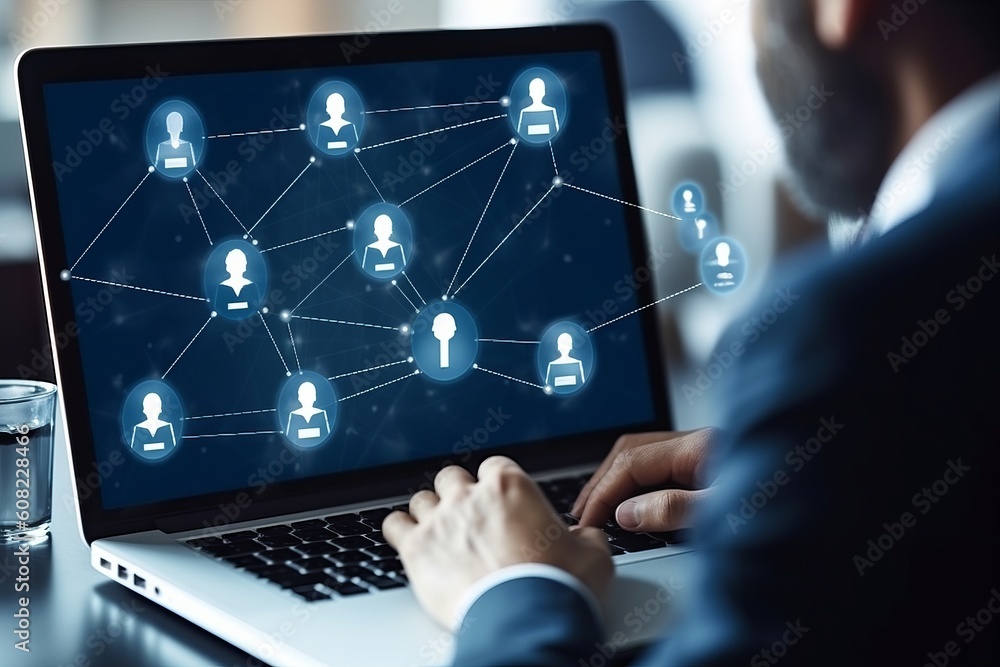 Manager in formal clothes is working by laptop. Beautiful illustration picture. Generative AI Manager in formal clothes is working by laptop. Beautiful illustration picture. Generative AI