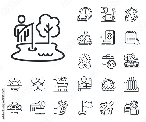 Fisherman with rod sign. Plane jet, travel map and baggage claim outline icons. Fishing place line icon. Lake with tree symbol. Fishing place line sign. Car rental, taxi transport icon. Vector