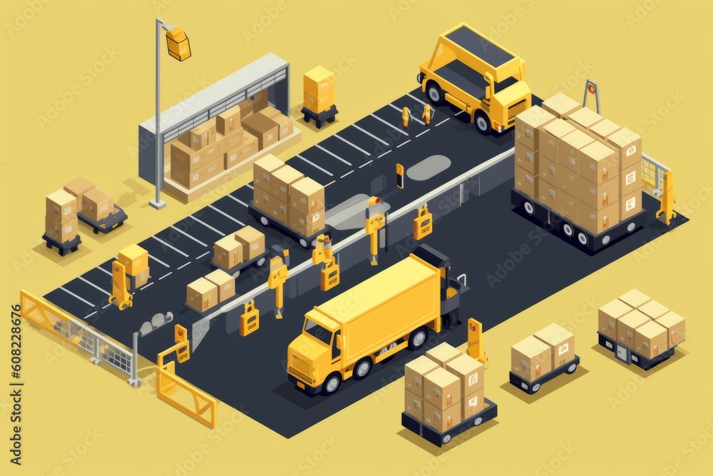 Warehouse with loading truck. View from above. Beautiful illustration picture. Generative AI Warehouse with loading truck. View from above. Beautiful illustration picture. Generative AI