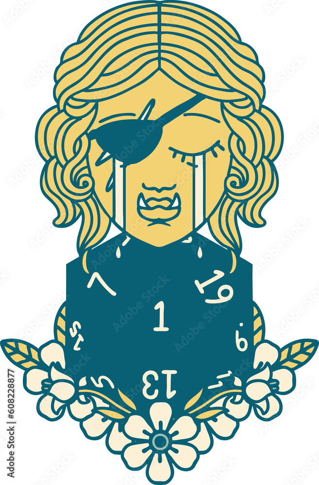 Retro Tattoo Style crying half orc rogue character with natural one D20 roll Retro Tattoo Style crying half orc rogue character with natural one D20 roll