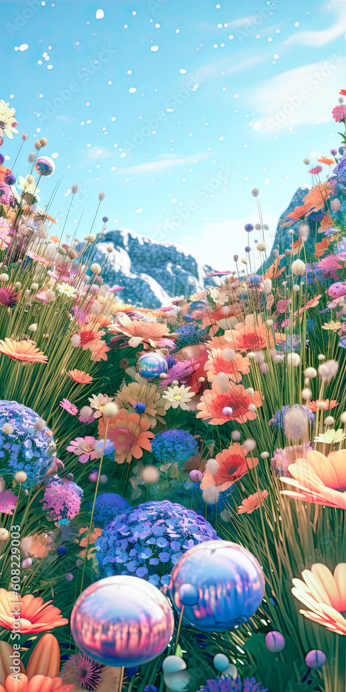 landscape close-up of flowers with mountains in the background - Generative AI