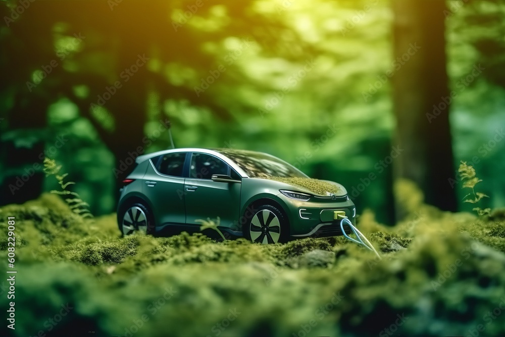 Eco car is in the forest, small vehicle. Beautiful illustration picture. Generative AI