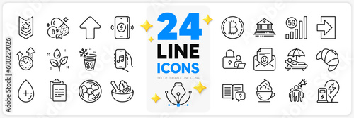 Icons set of Smile, Lock and Salad line icons pack for app with Instruction manual, Upload, Login thin outline icon. Bitcoin, Plants watering, Coffee cup pictogram. 5g wifi. Vector