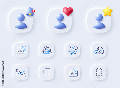 Fuel price, Recovery file and Diagram chart line icons. Placeholder with 3d bell, star, heart. Pack of Augmented reality, Keys, Puzzle options icon. Card, Swipe up pictogram. Vector
