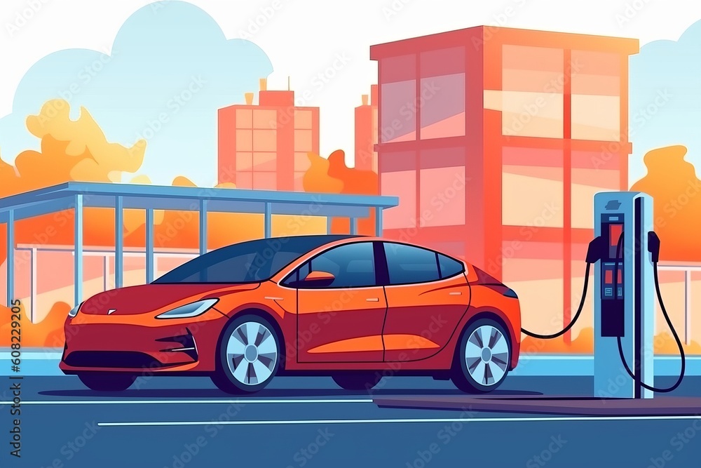 Electric car is charging on the station, vector style. Beautiful illustration picture. Generative AI