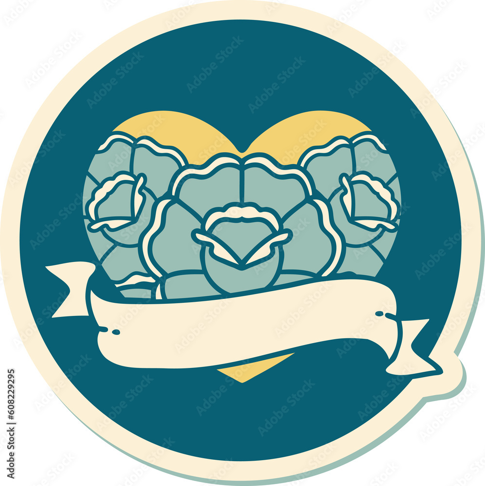 sticker of tattoo in traditional style of a heart and banner with flowers sticker of tattoo in traditional style of a heart and banner with flowers