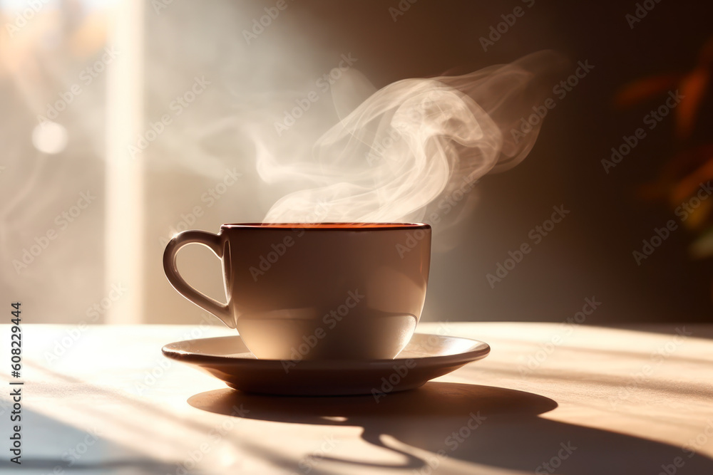 a cup of hot aroma coffee with the rays of the sun by the window generative ai a cup of hot aroma coffee with the rays of the sun by the window generative ai
