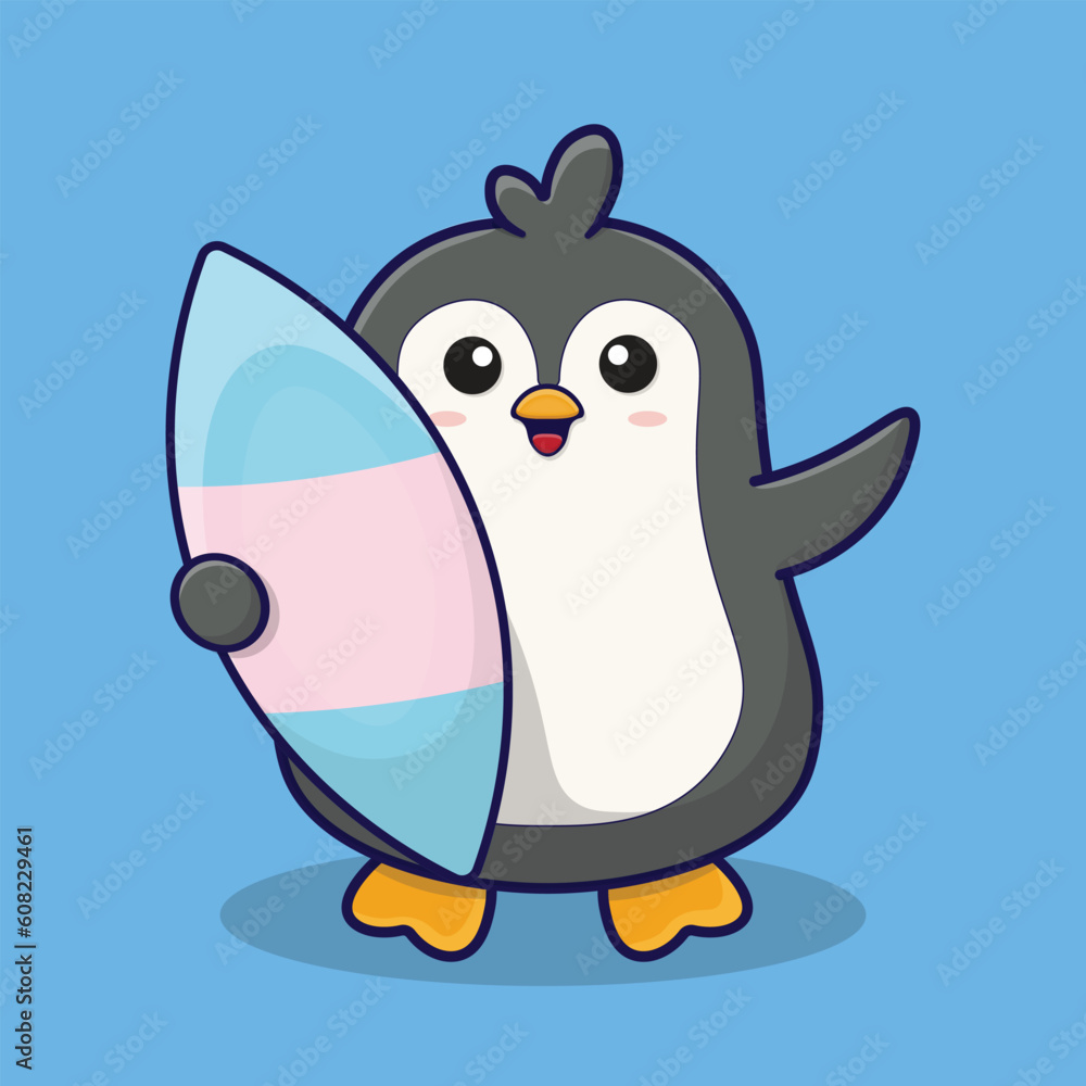 cute penguin with surfboard, summer vector illustration eps, easy to use again, for logo, mascot