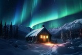 Epic northern lights in the sky above the house. Beautiful illustration picture. Generative AI