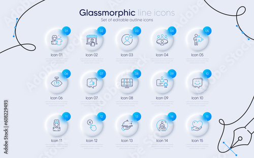 Set of Certificate, Delivery market and Oculist doctor line icons for web app. Yoga, Reject click, Clean shirt icons. Meeting, Video conference, Smile chat signs. Best friend, Eye laser. Vector
