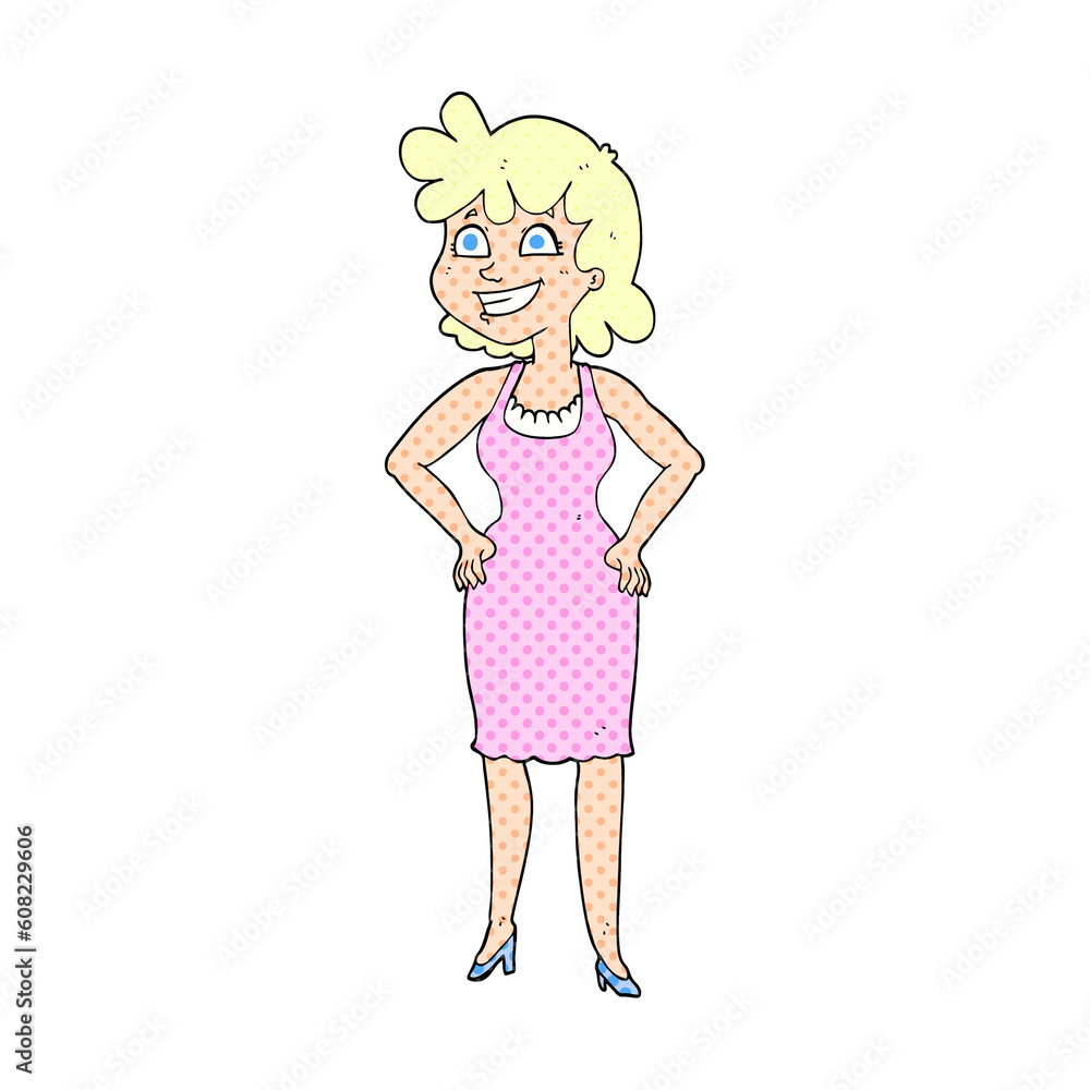 freehand drawn cartoon happy woman wearing dress