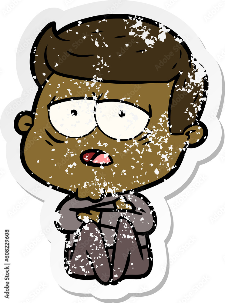 distressed sticker of a cartoon tired man distressed sticker of a cartoon tired man