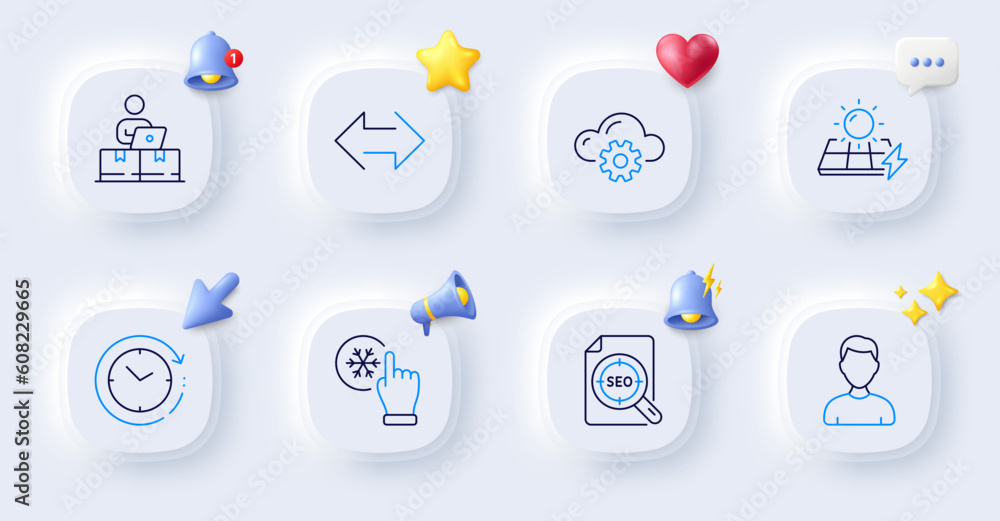 Cloud computing, Solar panels and Seo file line icons. Buttons with 3d bell, chat speech, cursor. Pack of Online storage, Headshot, Time change icon. Freezing click, Sync pictogram. Vector Cloud computing, Solar panels and Seo file line icons. Buttons with 3d bell, chat speech, cursor. Pack of Online storage, Headshot, Time change icon. Freezing click, Sync pictogram. Vector