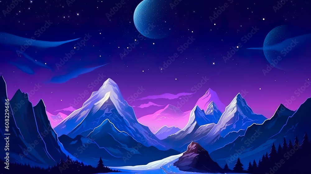 Abstract background night mountains. Illustration brings the nocturnal magic of the mountains to life with vibrant neon hues, accentuated by an eye-catching banner design. Generative AI.