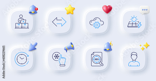 Cloud computing, Solar panels and Seo file line icons. Buttons with 3d bell, chat speech, cursor. Pack of Online storage, Headshot, Time change icon. Freezing click, Sync pictogram. Vector