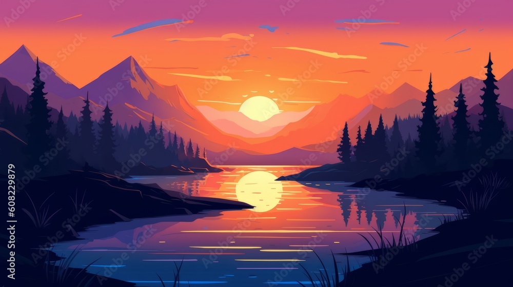 Flat art design of a sunset. Beautiful illustration picture. Generative AI