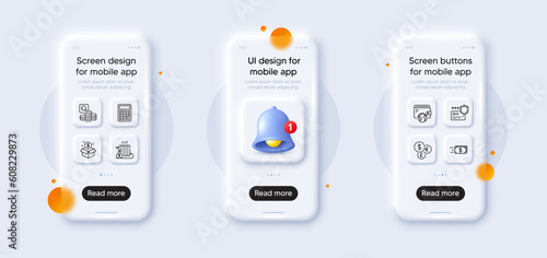 Wallet, Inspect and Post package line icons pack. 3d phone mockups with bell alert. Glass smartphone screen. Money transfer, Money currency, Calculator web icon. Vector