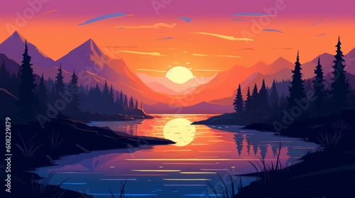 Flat art design of a sunset. Beautiful illustration picture. Generative AI © standret