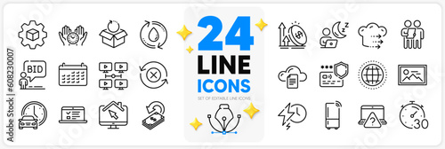 Icons set of Survey, Product development and Calendar line icons pack for app with File storage, Cashback, Work home thin outline icon. Globe, Payment protection, Video conference pictogram. Vector