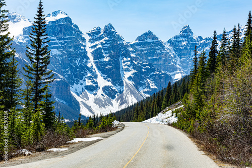Road way to mountains. Beautiful mountains with snow. Banff National Park. 