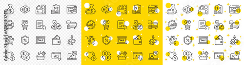 Outline Wallet, Update data and Vip shopping line icons pack for web with Donation, Ad, Sale line icon. Cross sell, Money exchange, Launder money pictogram icon. Savings insurance. Vector