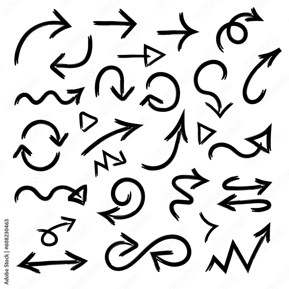 Hand drawn arrow set. Hand drawn arrows in the style of doodles. Sketches of arrows. Hand drawn arrow set. Hand drawn arrows in the style of doodles. Sketches of arrows.