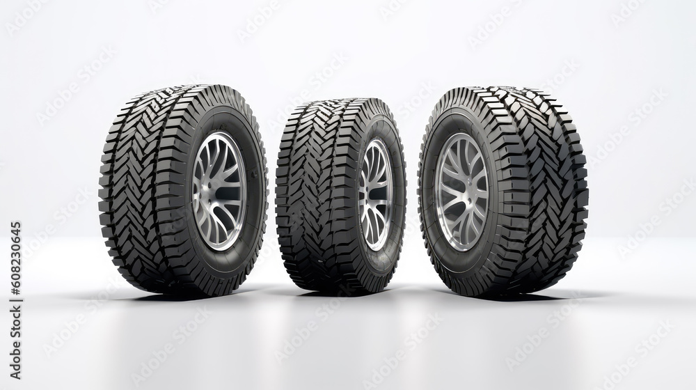 Generative ai illustration of three car tires on white background Generative ai illustration of three car tires on white background