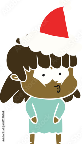hand drawn flat color illustration of a whistling girl wearing santa hat
