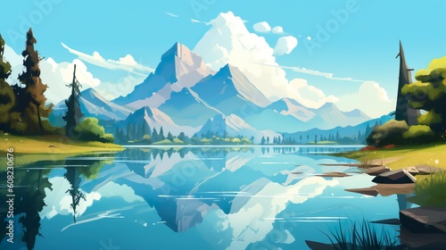 Abstract background mountains with lake. Illustration captures the tranquil beauty of mountains with a shimmering lake, an expertly crafted banner design. Generative AI. © Andrey