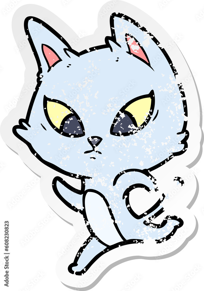 distressed sticker of a confused cartoon cat distressed sticker of a confused cartoon cat
