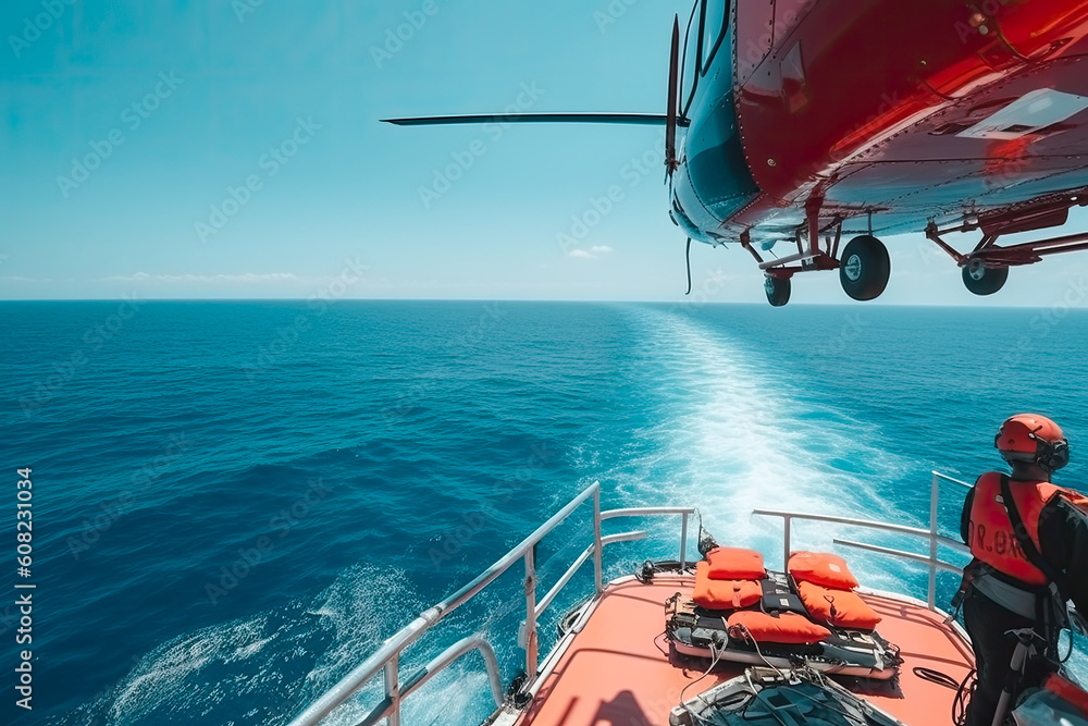 Obraz premium Coast Guard Helicopter Search and Rescue descending on ship at blue sea. Generative AI