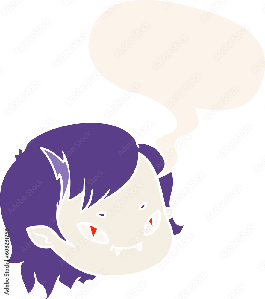 cartoon vampire girl face with speech bubble in retro style