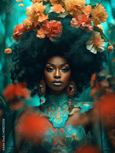 Hübsches Afroamerikanisches Model Gesicht mit Kopfschmuck grün aus Blumen umhüllt Poster Nahaufnahme, ai generativ