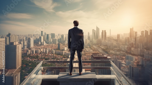 backside of businessman looking at cityscape, ai generated